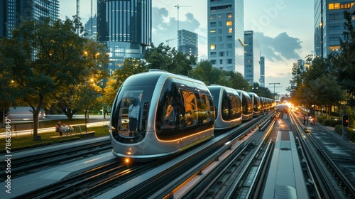 Futuristic self-driving trams line the tree-shaded urban street at sunset