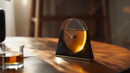 Modern sundial clock design on wooden desk concept for timeless elegance in interior decoration or sophisticated home accessory advertising. photo