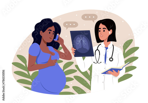 World Asthma Day. Pulmonary diseases. Allergy, asthmatic. A smiling doctor is holding an x-ray of a pregnant woman's lungs in his hand.