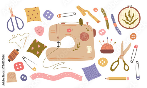 Big sewing set. Sewing machine, sewing accessories, embroidery, hoop. Isolated vector elements for your design
