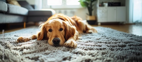 Golden retriever dog lies on the floor on a grey carpet, in a modern living room, copy space