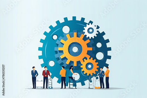 Flat design minimal people office together holding gear cogs together 