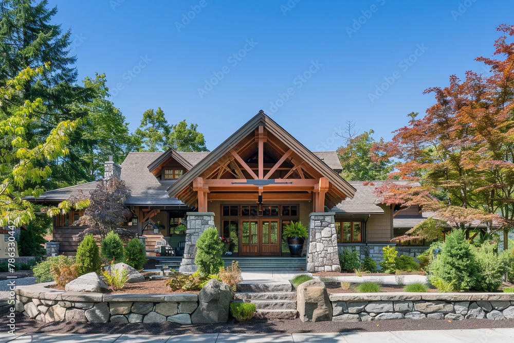 A Craftsman-style home with a prominent front gable, decorative trusses, and a covered entryway, surrounded by a natural stone wall and mature trees. A Craftsman-style home with a prominent front gable, decorative trusses, and a covered entryway, surrounded by a natural stone wall and mature trees.