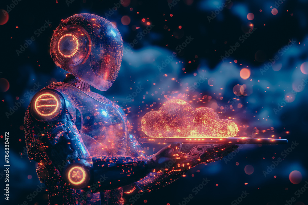 A robot is holding a tray with a glowing cloud on it A robot is holding a tray with a glowing cloud on it