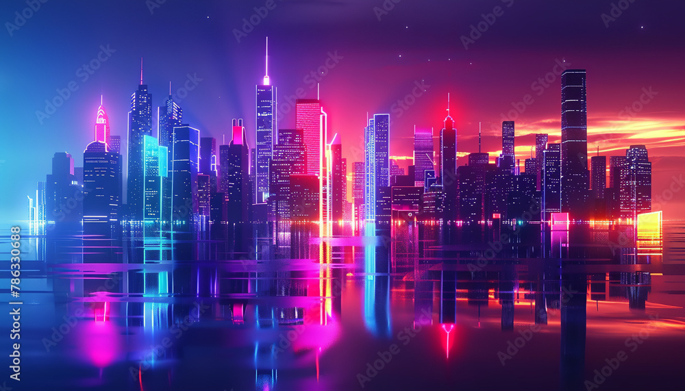 neon futuristic cityscape background, evening, vibrant artificial lighting