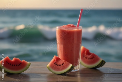 Fruit smoothie on the background of the sea, vacation, summer watermelon