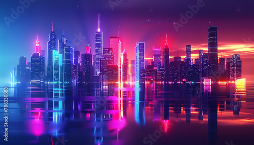 neon futuristic cityscape background  evening  vibrant artificial lighting