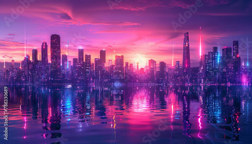 neon futuristic cityscape background, evening, vibrant artificial lighting