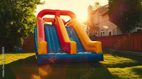 Picture a vibrant, colorful inflatable bounce house water slide set up in a backyard, ready to offer endless fun for children. The bouncy castle slide, with its bright colors and playful design