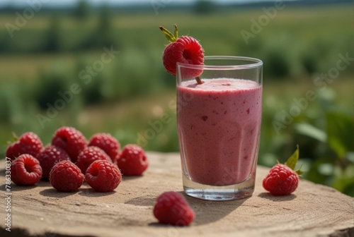 Fruit smoothie on the background of the sea, vacation, summer raspberry