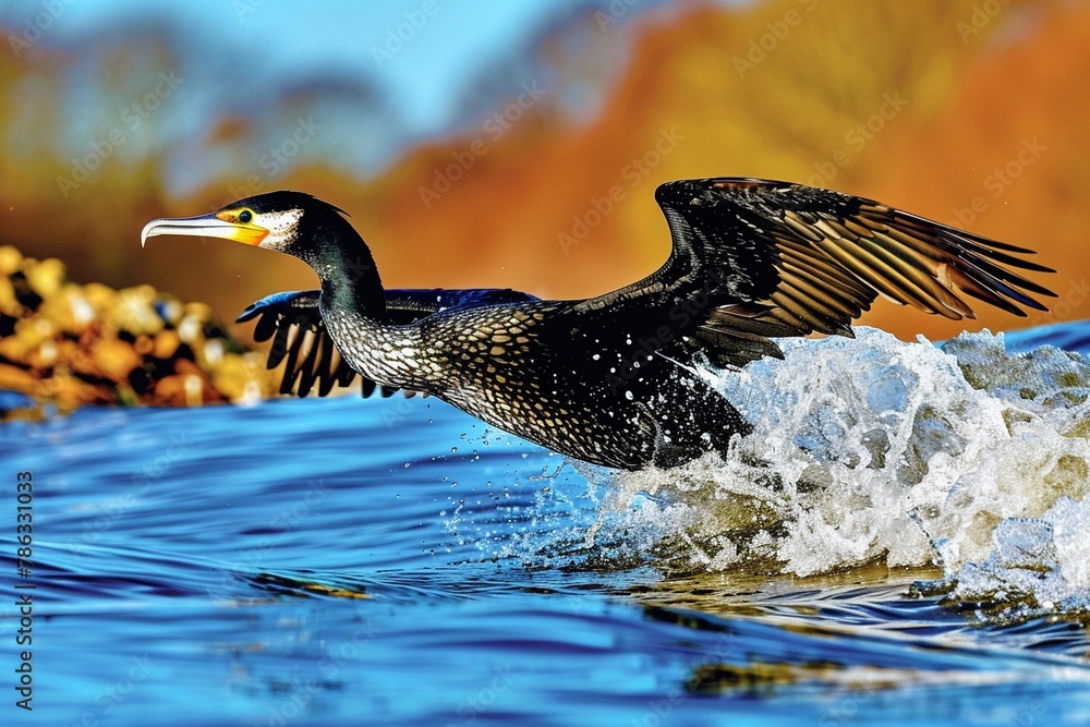 Obraz premium Cormorants skim the waters surface, their wings almost touching the waves ,
