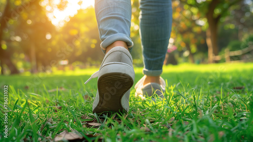 Woman Walking Outdoors in the Park: Close-up on Shoe with Rolled Up Jeans, Taking a Step. Embracing the Concept of New Beginnings and Fresh Starts.