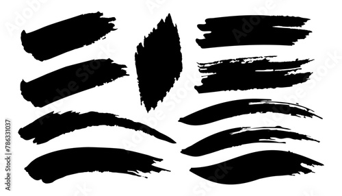 Set of black paint, brush stroke. Dirty artistic design element on white background. Vector illustration