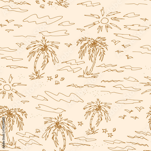 Sketched Summer Palms Decorative seamless pattern. Repeating background. Tileable wallpaper print.