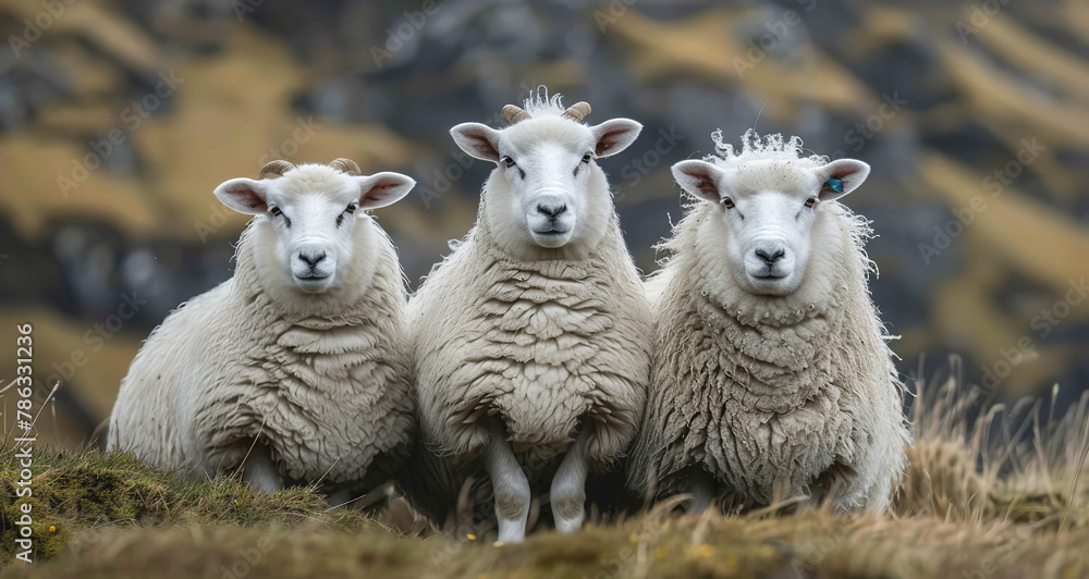 three sheep sitting on the green lawn three sheep sitting on the green lawn