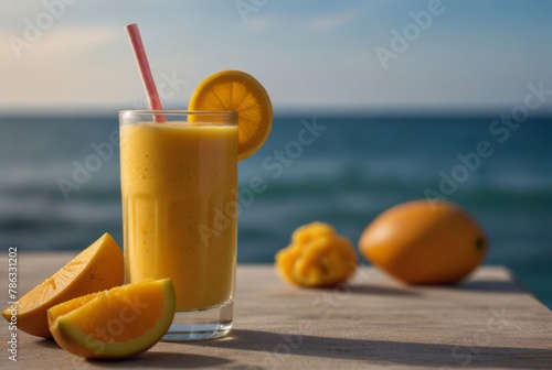 Fruit smoothie on the background of the sea, vacation, summer mango orange