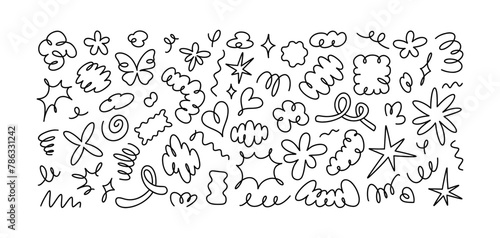 Hand drawn playful organic irregular doodle shapes and stickers. Modern brutalism and y2k sketchy design elements. Flower, heart, star, butterfly, spring, cloud, spiral abstract scribble drawing.