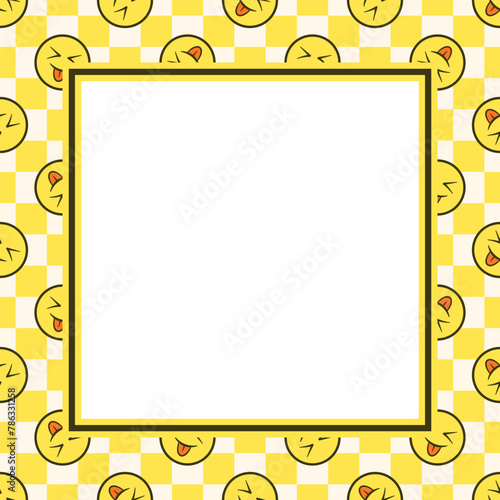 Vector frame with copy space. Smiling emoji on retro groovy chess background. photo