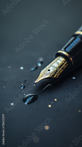 Elegant fountain pen with ink splatter, ideal for branding luxury writing equipment or artistic workshop advertisements