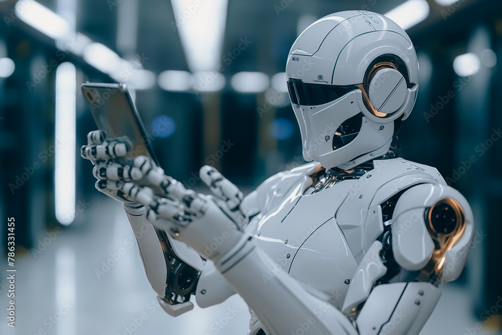 A robot is holding a cell phone and looking at it A robot is holding a cell phone and looking at it