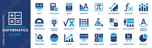 Mathematics icon set. Containing math, geometry, calculator, statistics, angle, equations, pie chart, calculation and more. Solid vector icons collection. 