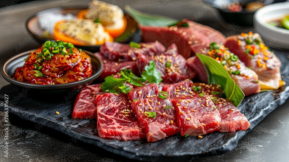 Delectable array of raw marbled beef ready for grilling Delectable array of raw marbled beef ready for grilling