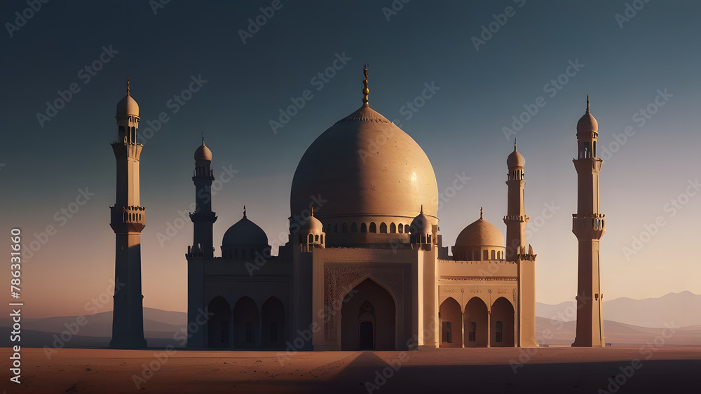 Large and majestic mosque is located in the middle of the desert and silhouettes warm landscape feel