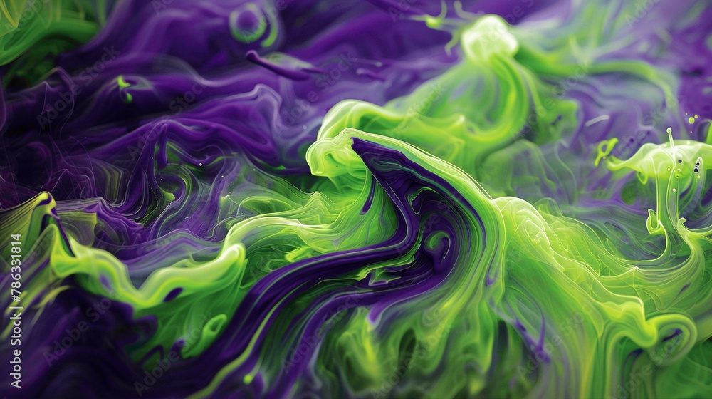 Purple and green paint swirls forming an artistic design.