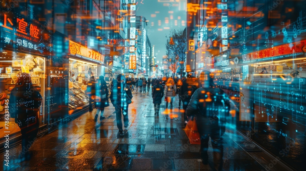 Young man exploring a vibrant street market in Japan, lined with colorful lanterns and local shops - obrazy, fototapety, plakaty 