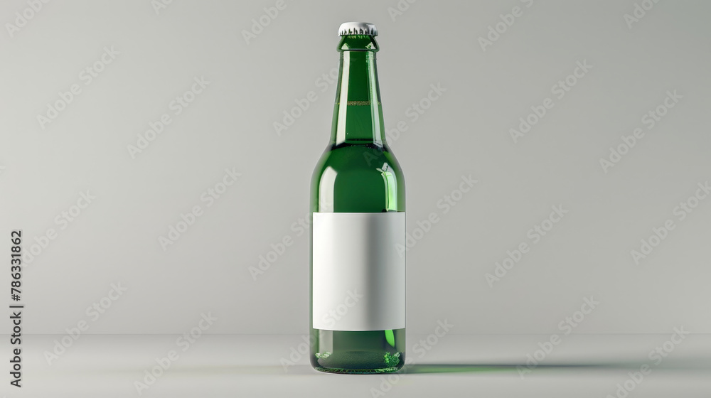 3d rendering of green beer bottle with white label isolated in light grey background,