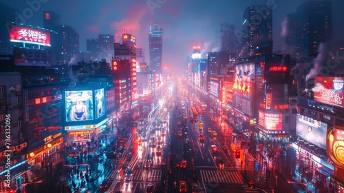 Futuristic cityscape with neon signs and bustling streets filled with pedestrians and modern skyscrapers © Yusif