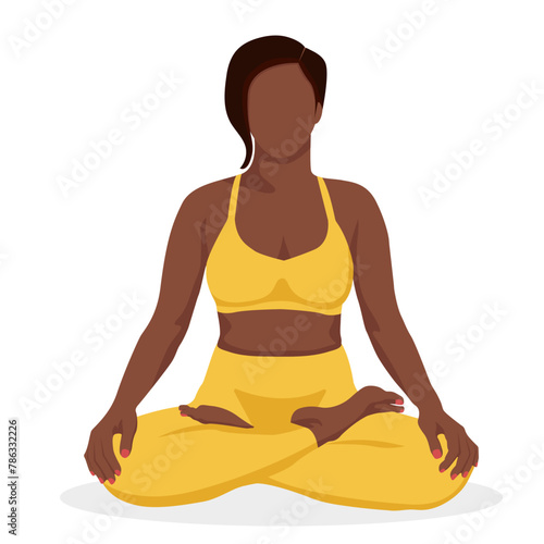 A young African American woman does yoga, practices meditation in the lotus position. Black female character in a yoga studio or at home. Trendy flat vector illustration.