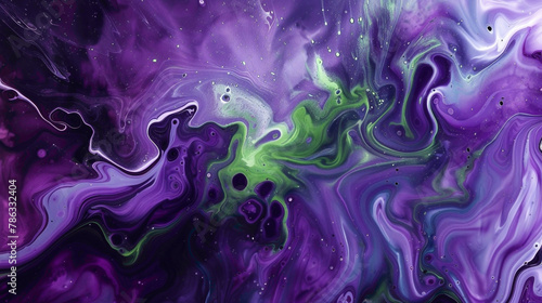 Purple and green paint swirls forming an artistic design.