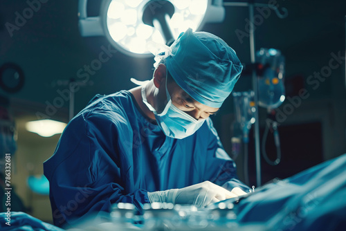 Surgeon concentrating on a complex surgery in an operating room.