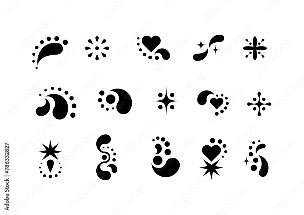 Abstract futuristic graphics. Brutal shapes with dots, hearts, stars and drops. Minimalistic tattoo art. Geometric artistic elements. Vector illustrations. Symbols with blobs and circles. Abstract futuristic graphics. Brutal shapes with dots, hearts, stars and drops. Minimalistic tattoo art. Geometric artistic elements. Vector illustrations. Symbols with blobs and circles.