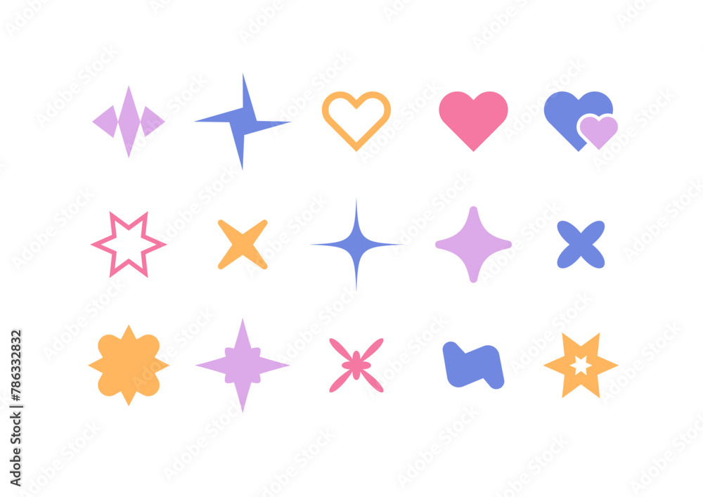 Retrofuturism graphics in y2k style. Abstract stars set, hearts, floral icons. Vector illustration. Geometry forms for modern designs. Simple elements, vintage symbols collection. Retrofuturism graphics in y2k style. Abstract stars set, hearts, floral icons. Vector illustration. Geometry forms for modern designs. Simple elements, vintage symbols collection.