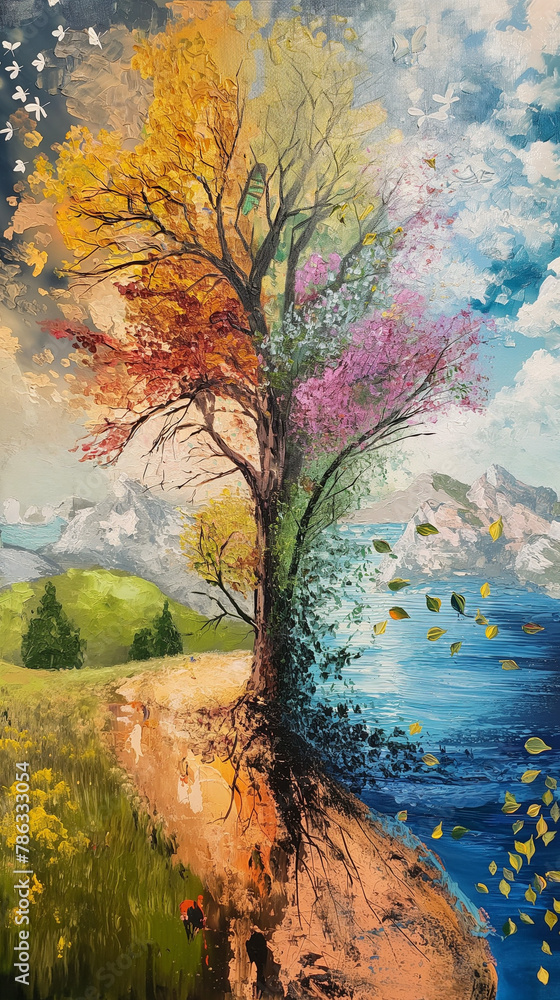Colorful painting of tree symbolizing seasons, artistic nature representation. Suitable for educational materials and creative background.
