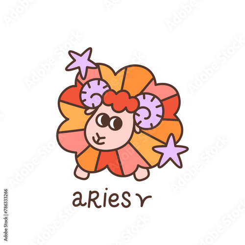 Retro groovy Aries, zodiac sign icon. Ram animal in astrology, horoscope symbol in vintage style. April constellation, esoteric element. Colorful isolated vector illustration. Hippie 60s, 70s design