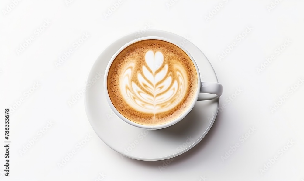 Elegantly crafted latte art, a rosetta gracing the foamy surface of a steaming coffee in a pure white cup, poised on a seamless background Elegantly crafted latte art, a rosetta gracing the foamy surface of a steaming coffee in a pure white cup, poised on a seamless background