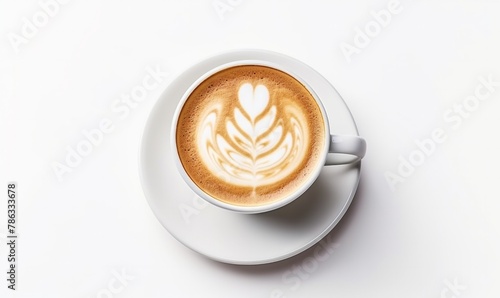 Elegantly crafted latte art  a rosetta gracing the foamy surface of a steaming coffee in a pure white cup  poised on a seamless background