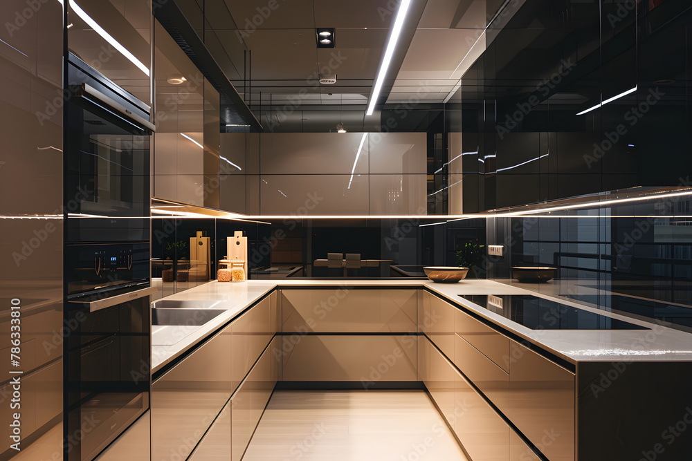 Modern Kitchen with Beige Cabinets and Black Wall: Wide Angle View Modern Kitchen with Beige Cabinets and Black Wall: Wide Angle View