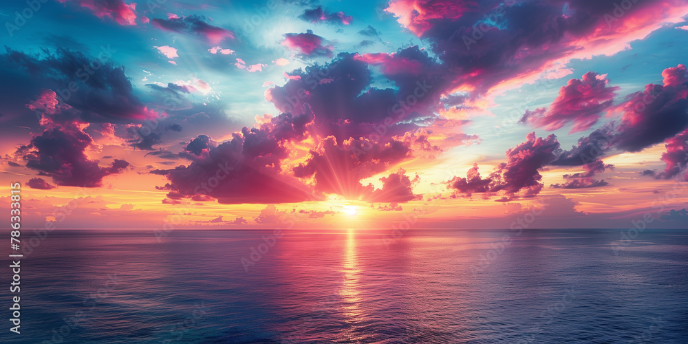 Colorful sunrise or sunset paints the sky in vivid colors with clouds and the sun's reflection creating a mesmerizing pattern on the ocean's surface.