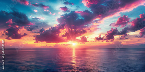 Colorful sunrise or sunset paints the sky in vivid colors with clouds and the sun's reflection creating a mesmerizing pattern on the ocean's surface.