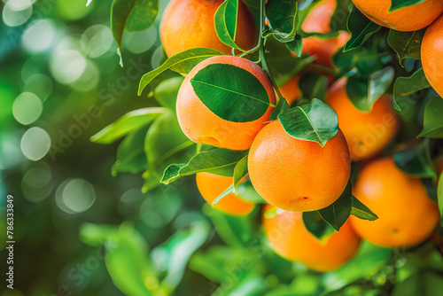 Bunch of fresh ripe fruit hanging on a tree in fruit garden.