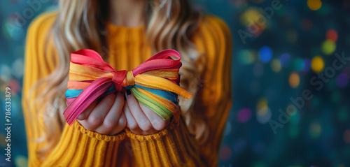 Hands Holding Colorful Satin Ribbons Tied into a Bright Bow, Blue Yellow Concept