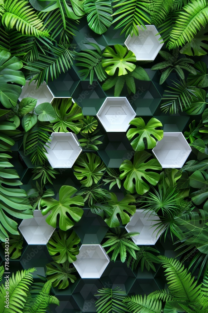 3d white   green geometric floral tropical leaves wall texture for modern interiors - obrazy, fototapety, plakaty 