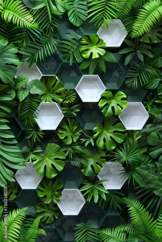 3d white   green geometric floral tropical leaves wall texture for modern interiors © Ilja