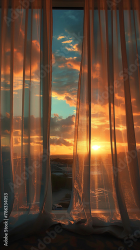Golden sunset and cloudscape seen through a high-rise window, great for corporate relaxation spaces and meditation guides.