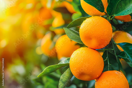 Bunch of fresh ripe oranges hanging on a tree in orange garden.