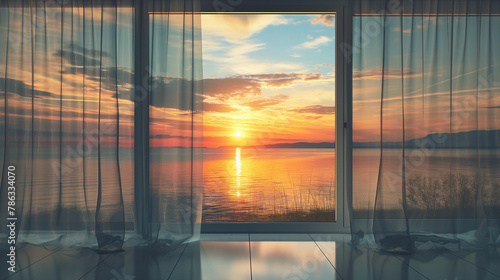 Scenic lake sunrise viewed through floor-to-ceiling windows, perfect for real estate showcases and travel inspiration.